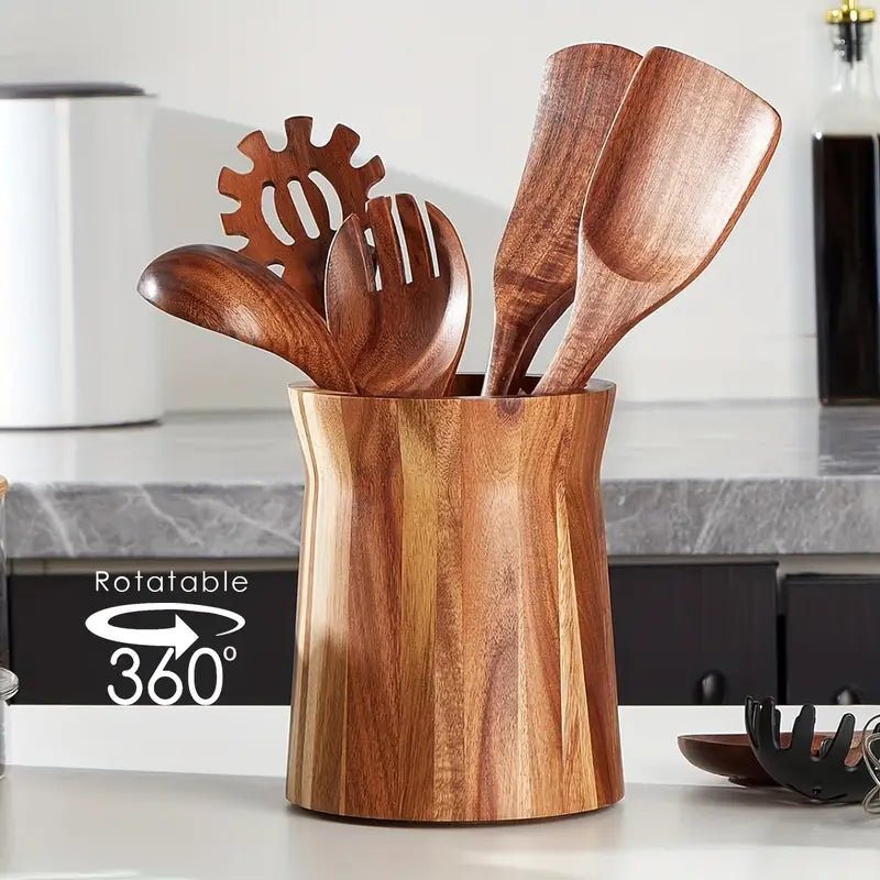 360° Rotating Acacia Wood Utensil Holder