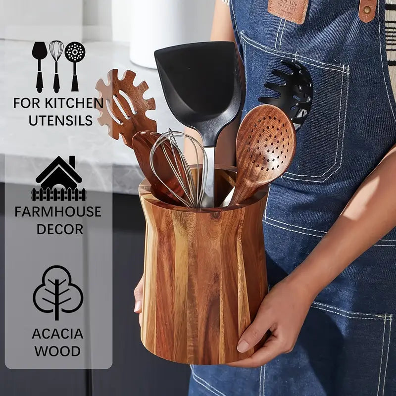 360° Rotating Acacia Wood Utensil Holder